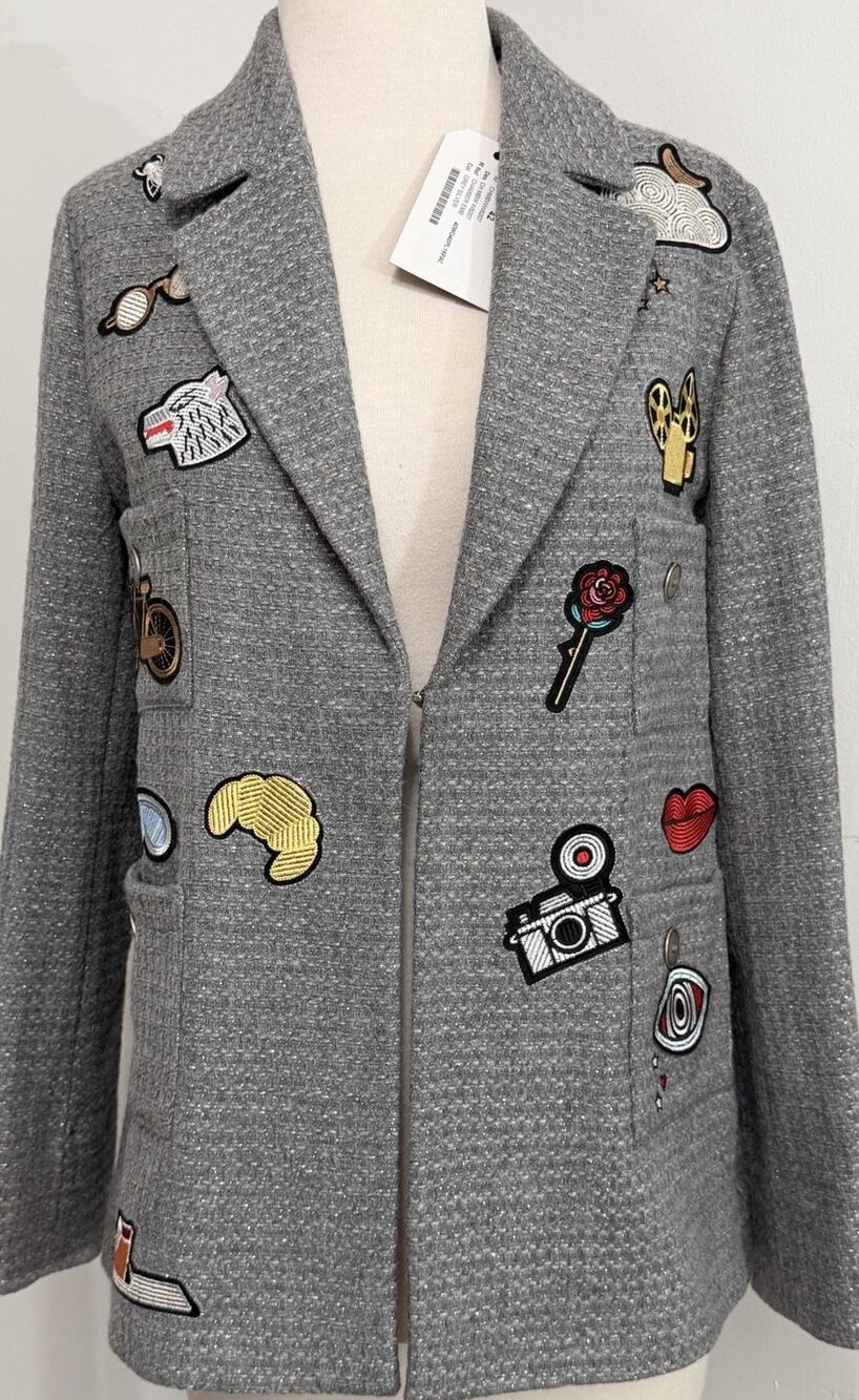 New VILAGALLO Embroidered Appliqué Grey Wool Blend Blazer Jacket Preppy 42 M
